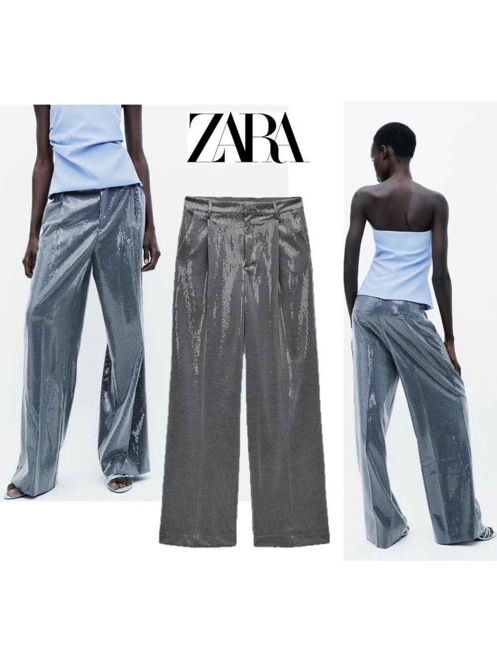 Zara women’s gray sequin wide leg pleated menswear pants M NWOT sparkly festive